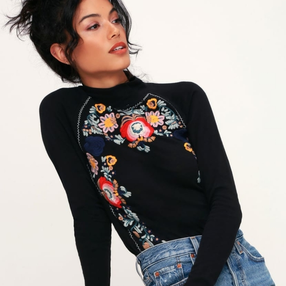 free people disco rose embroidered turtleneck top